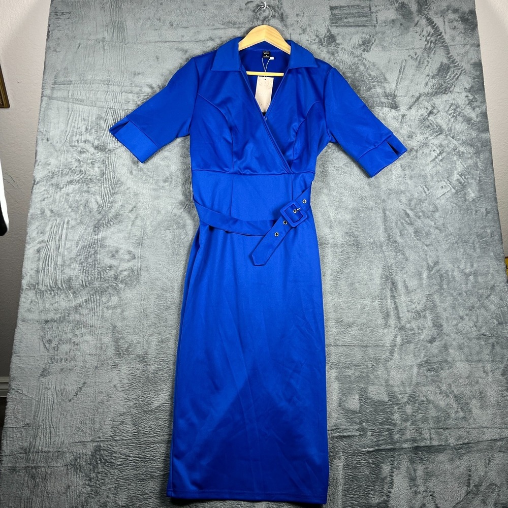 Emery Rose Bodycon Midi Dress Womens Medium Blue Belted Collared Short Sleeve